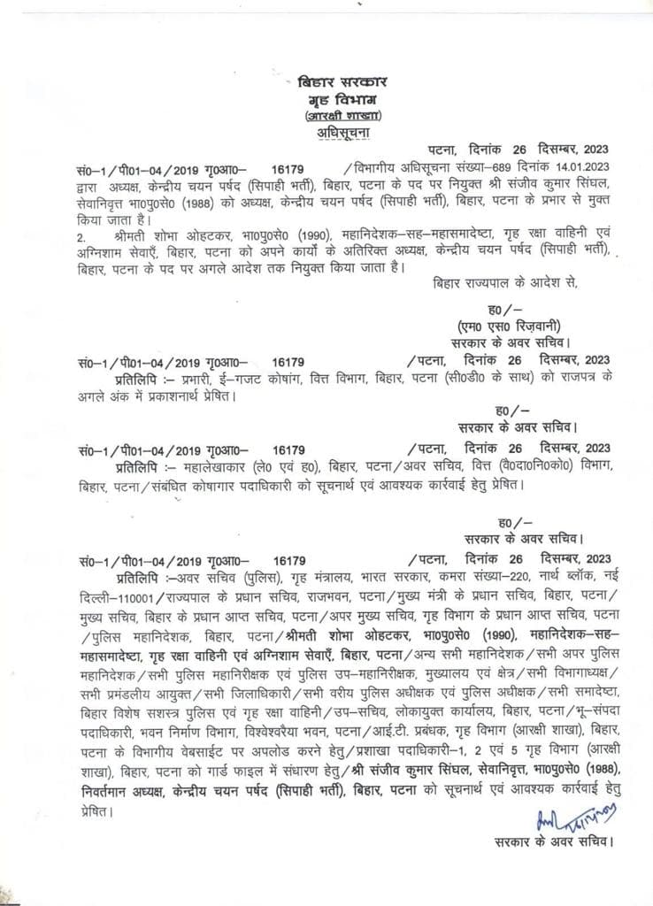 केन्द्रीय चयन पर्षद(सिपाही भर्ती) के अध्यक्ष एसके सिंघल की छुट्टी, डीजी होमगार्ड शोभा अहोतकर को मिला अतिरिक्त प्रभार