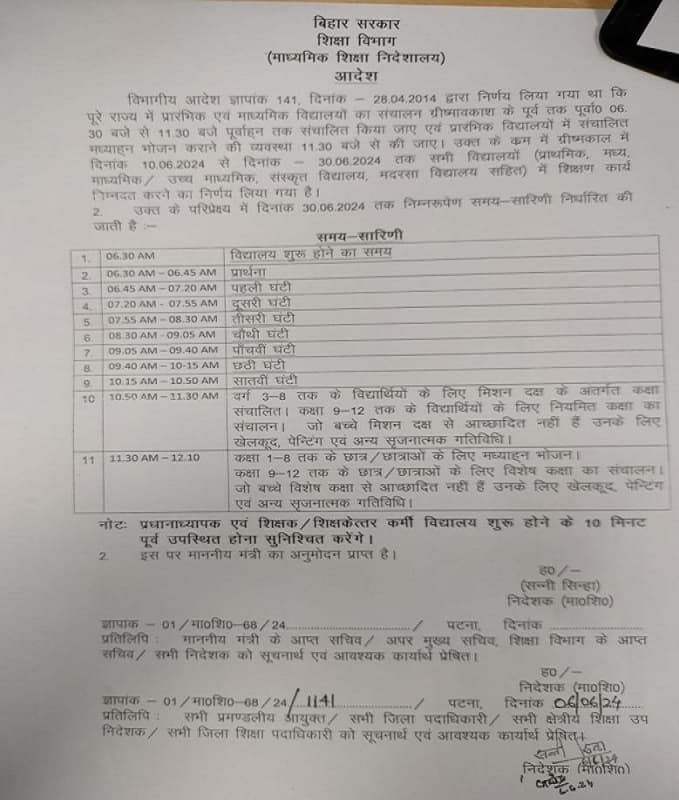 बिहार में स्कूल की टाइमिंग में हुआ बड़ा बदलाव, शिक्षा विभाग ने जारी किया शेड्यूल, यहां देखें पूरी समय सारिणी