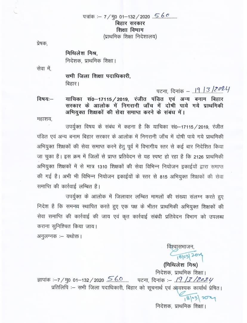 निगरानी जांच में दोषी पाए गये शिक्षकों की नौकरी होगी खत्म, शिक्षा विभाग का सख्त निर्देश, यहां देखिए पूरी लिस्ट