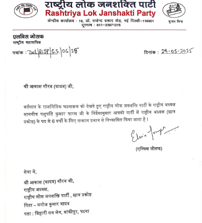 तेजप्रताप के बाद अनुष्का के भाई पर बड़ा एक्शन,आकाश यादव को RLJP ने 6 साल के लिए किया निष्कासित